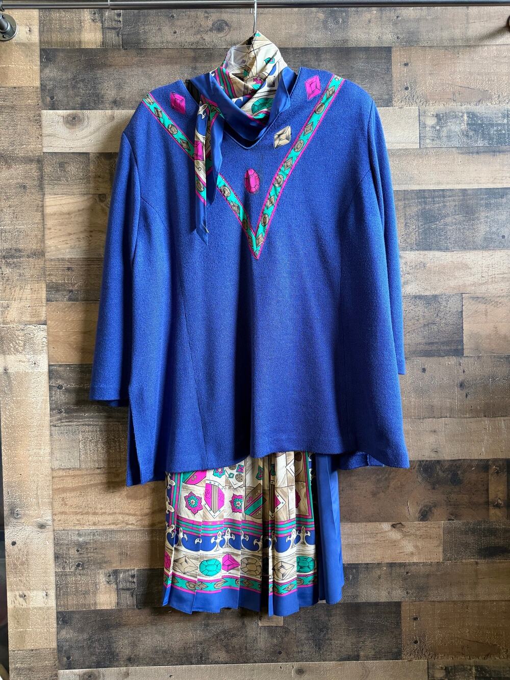 VTG 80s Royal Blue Jewel Print 2Pc Dress Set-Tunic Top/Pleated Skirt/Scarf-24⁠